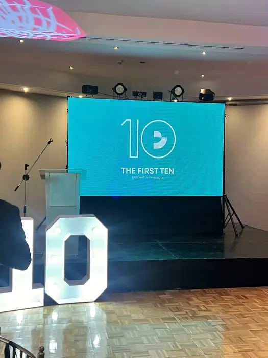 Pantalla LED con visual cian en la celebración de aniversario de una empresa, con letras gigantes iluminadas