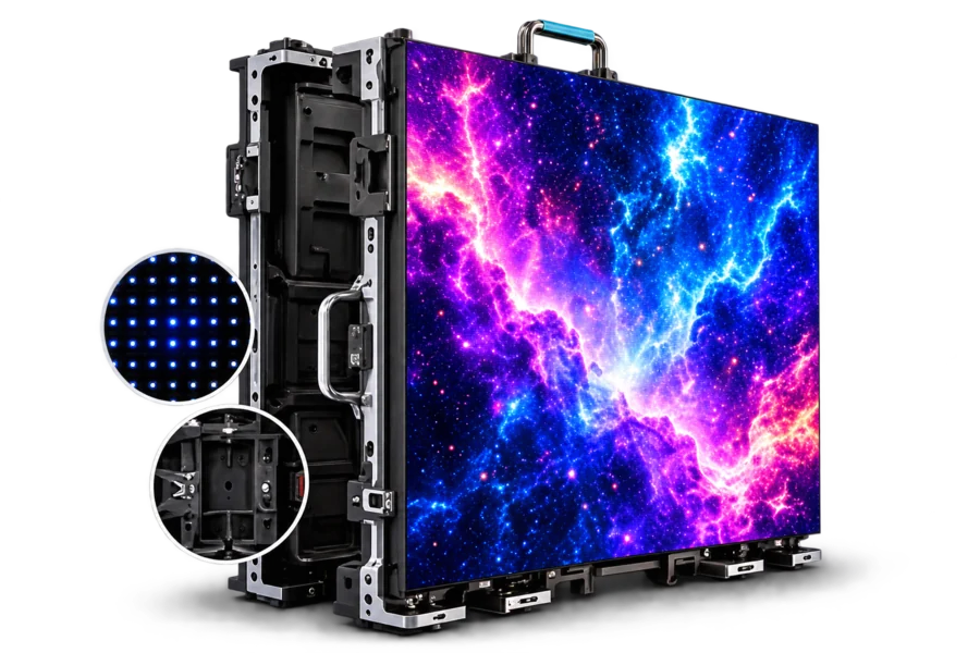 Módulo de pantalla LED profesional con detalle de píxeles y sistema de anclaje