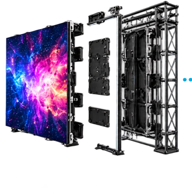 Despiece de una pantalla LED modular con su estructura de truss